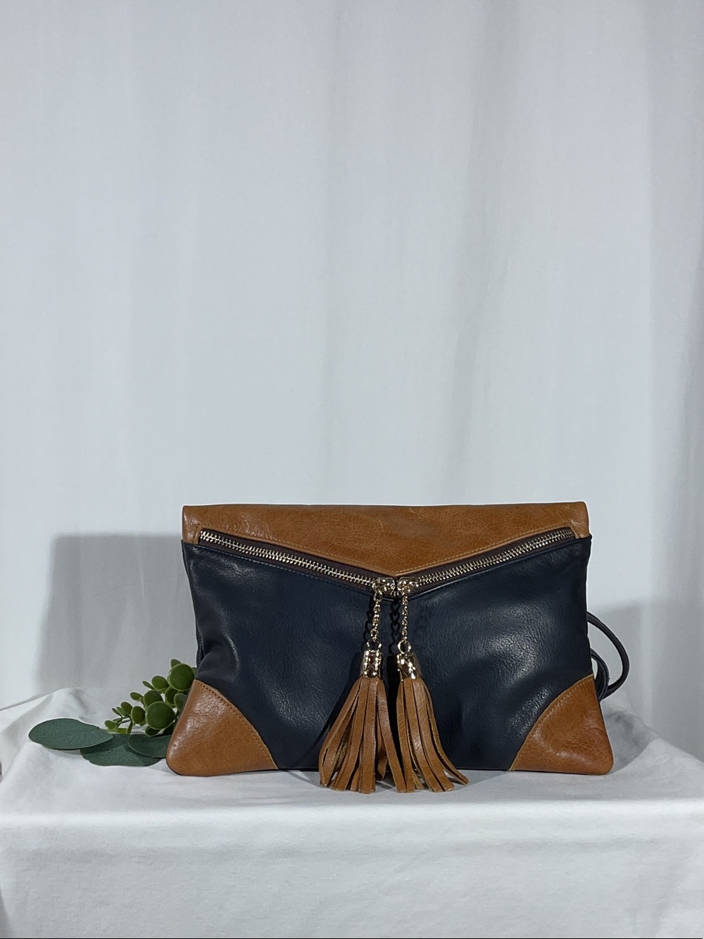 Genuine Leather Two-Tone Fold-Over Tassel Clutch or Cross Bag dark blue & Brown